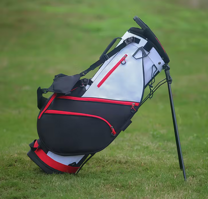 PEGG Pro Stand Golf Bag – Black/Red/White colourway on golf course grass