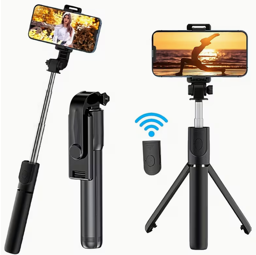PEGG Selfie Stick Tripod in Black – showing selfie stick, folded, and tripod modes with wireless remote