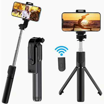 PEGG Selfie Stick Tripod in Black – showing selfie stick, folded, and tripod modes with wireless remote
