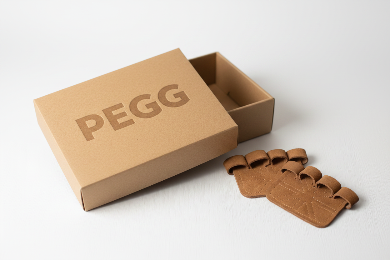PEGG branded packaging box with leather gym grips